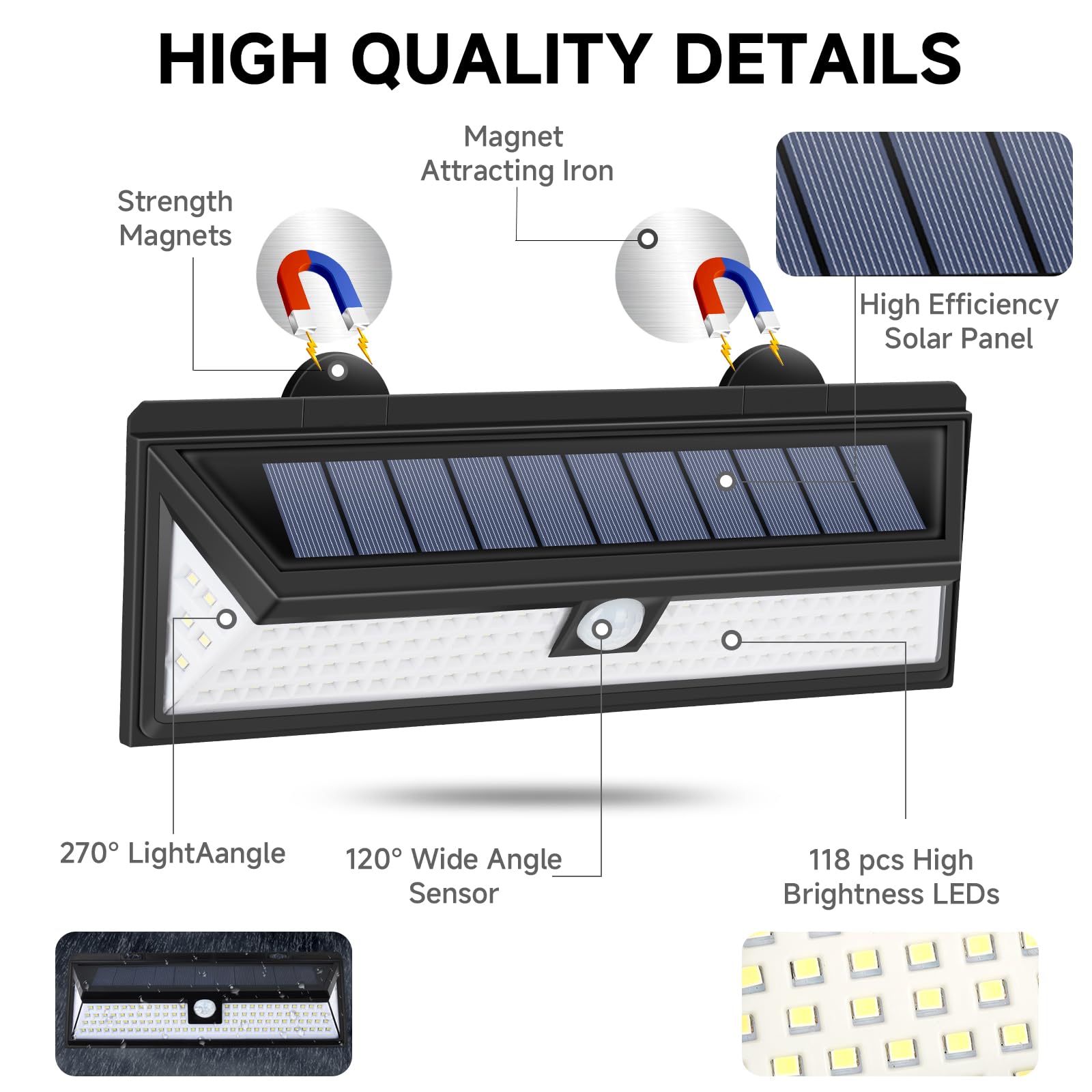 Remote-Control Magnetic Solar Light — 118 LEDs · motion sensor — detail 2